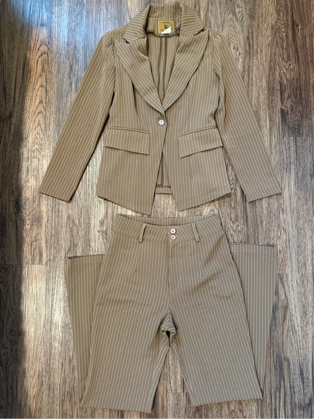 Women's Tan Pinstripe Blazer & Pants Set